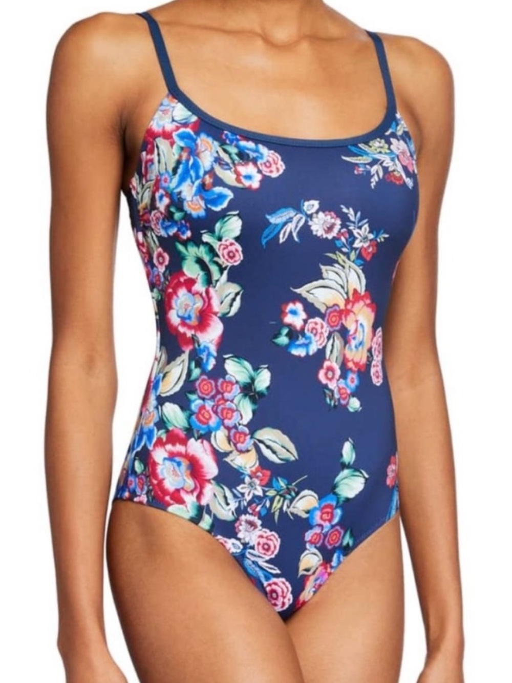 Johnny Was Maya Low-Back Tank One-Piece Swimsuit Navy Multi Floral Sz M